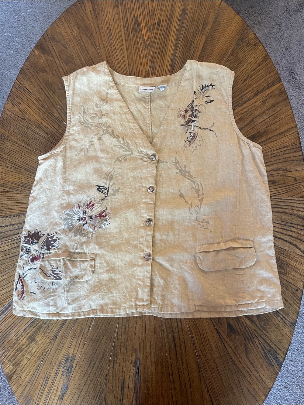 Chico's 100% Linen Floral Embroidered Button-Down Vest Size 3